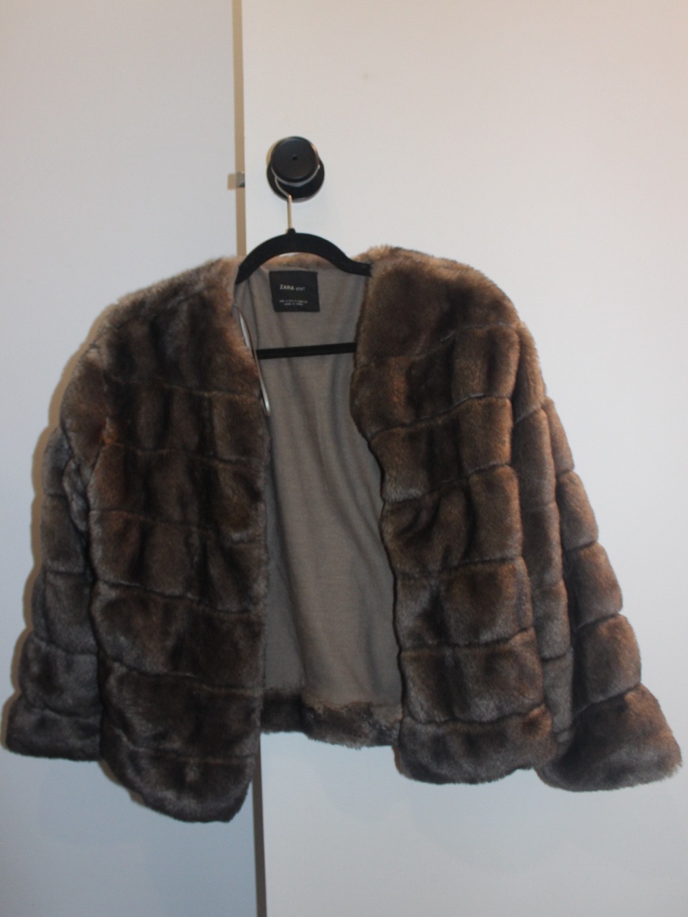 Zara Knit Chocolate Brown Faux Fur Patchwork Jacket - Size Small - Picture 5 of 5